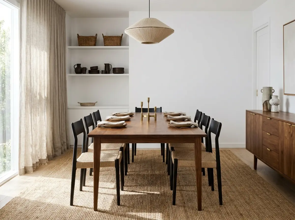 A custom solid blackwood dining table seating 8 in the same dining room