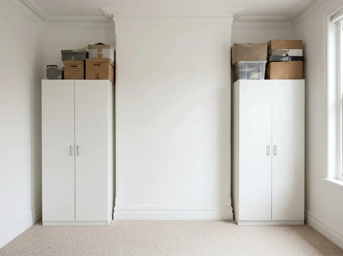 A short white melamine wardrobe leaving a dusty gap below the ceiling in a bedroom