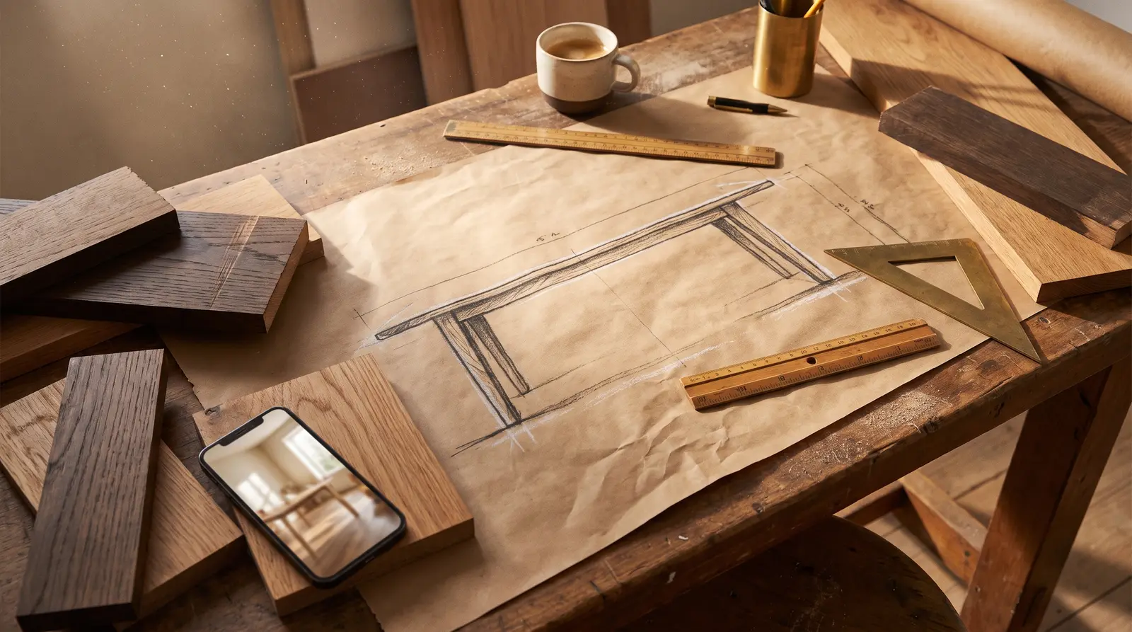 A hand-drawn furniture elevation on brown paper with a scale ruler and timber samples