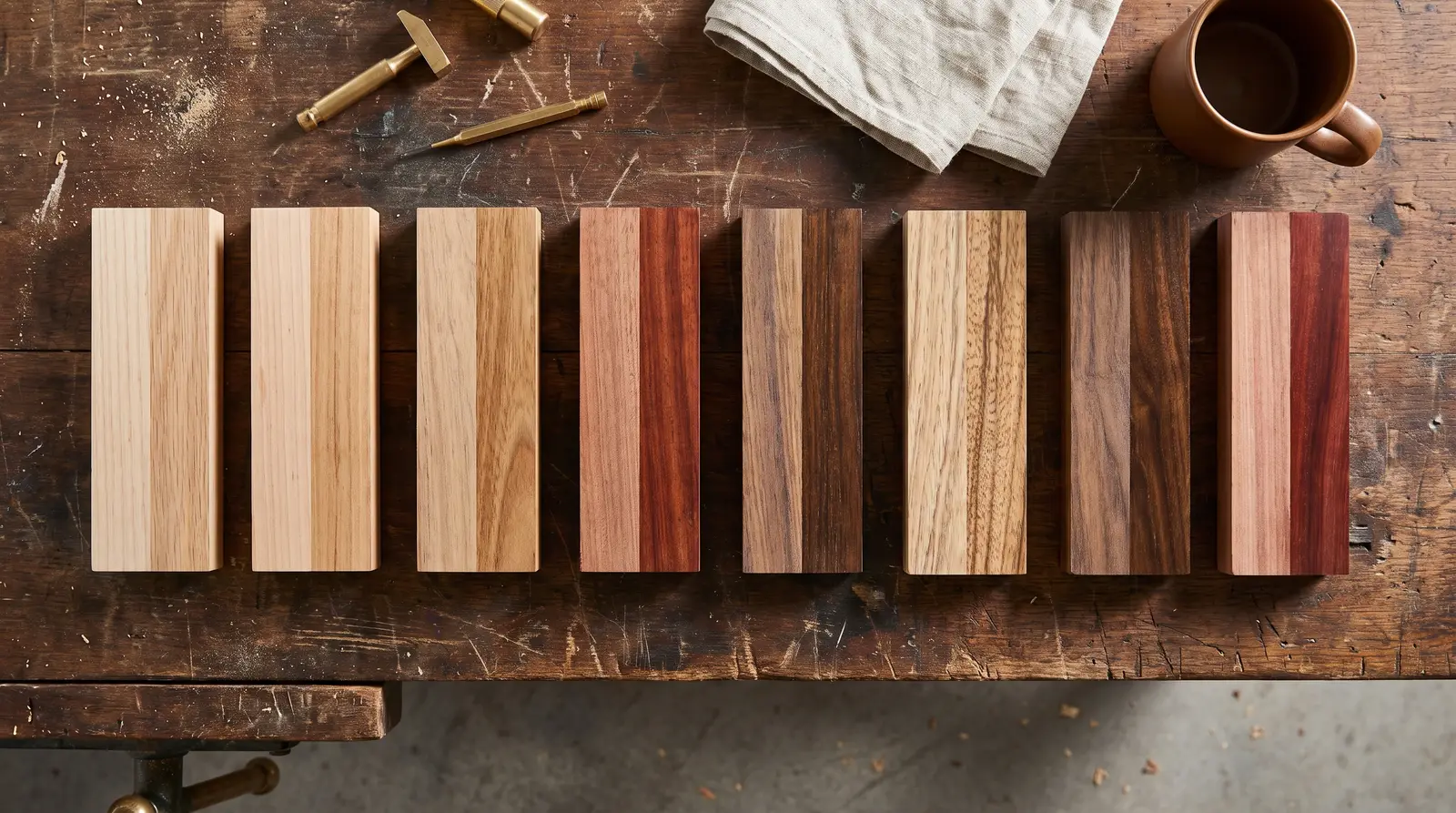 Eight Australian timber samples half-oiled on a workshop bench showing their colour range