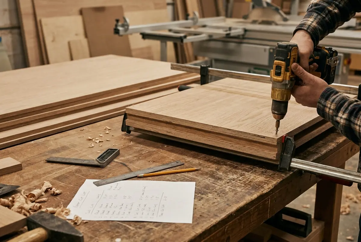 Cabinet maker assembling an oak-veneered carcase on a workshop bench in Adelaide