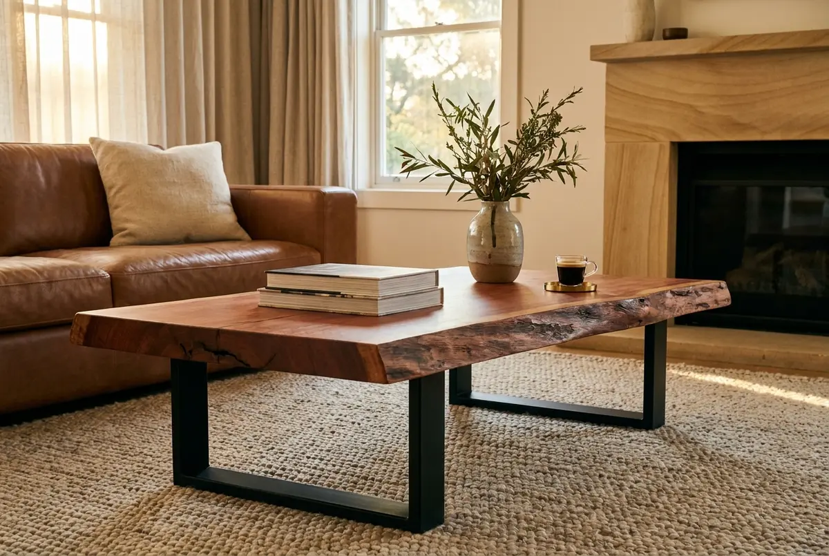 Custom live-edge river red gum coffee table with blackened steel legs in an Adelaide living room