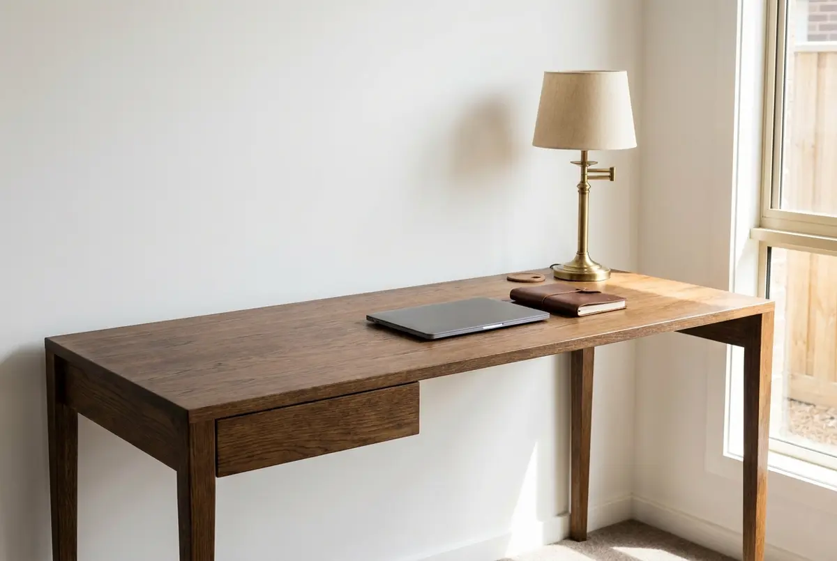 Custom solid oak home office desk with a slim drawer and cable port in an Adelaide study