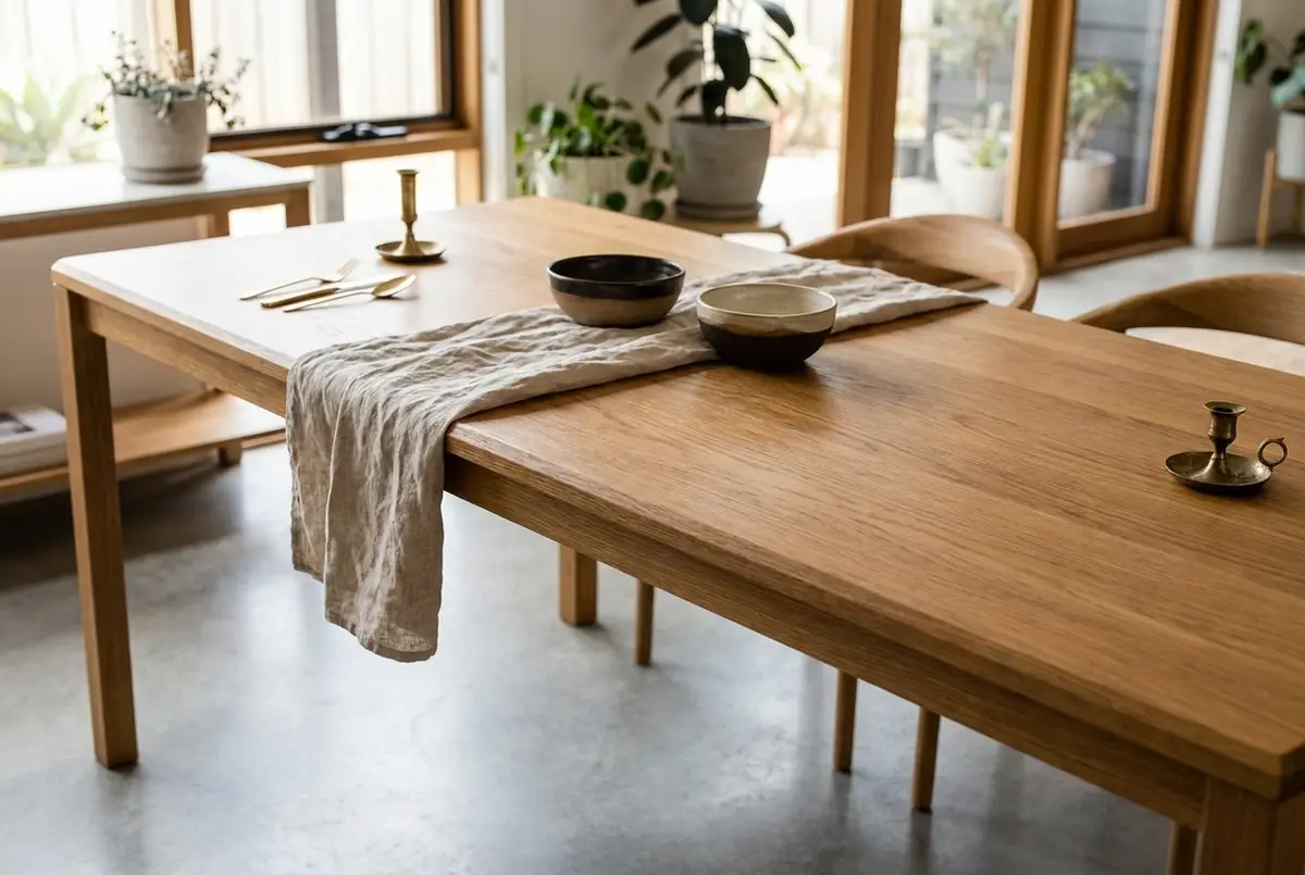 Custom solid Tasmanian oak dining table in a bright contemporary Adelaide dining room