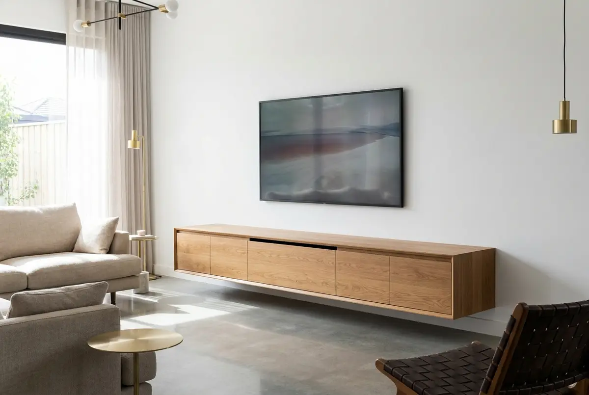 Custom floating oak entertainment unit with push-to-open doors in an Adelaide living room
