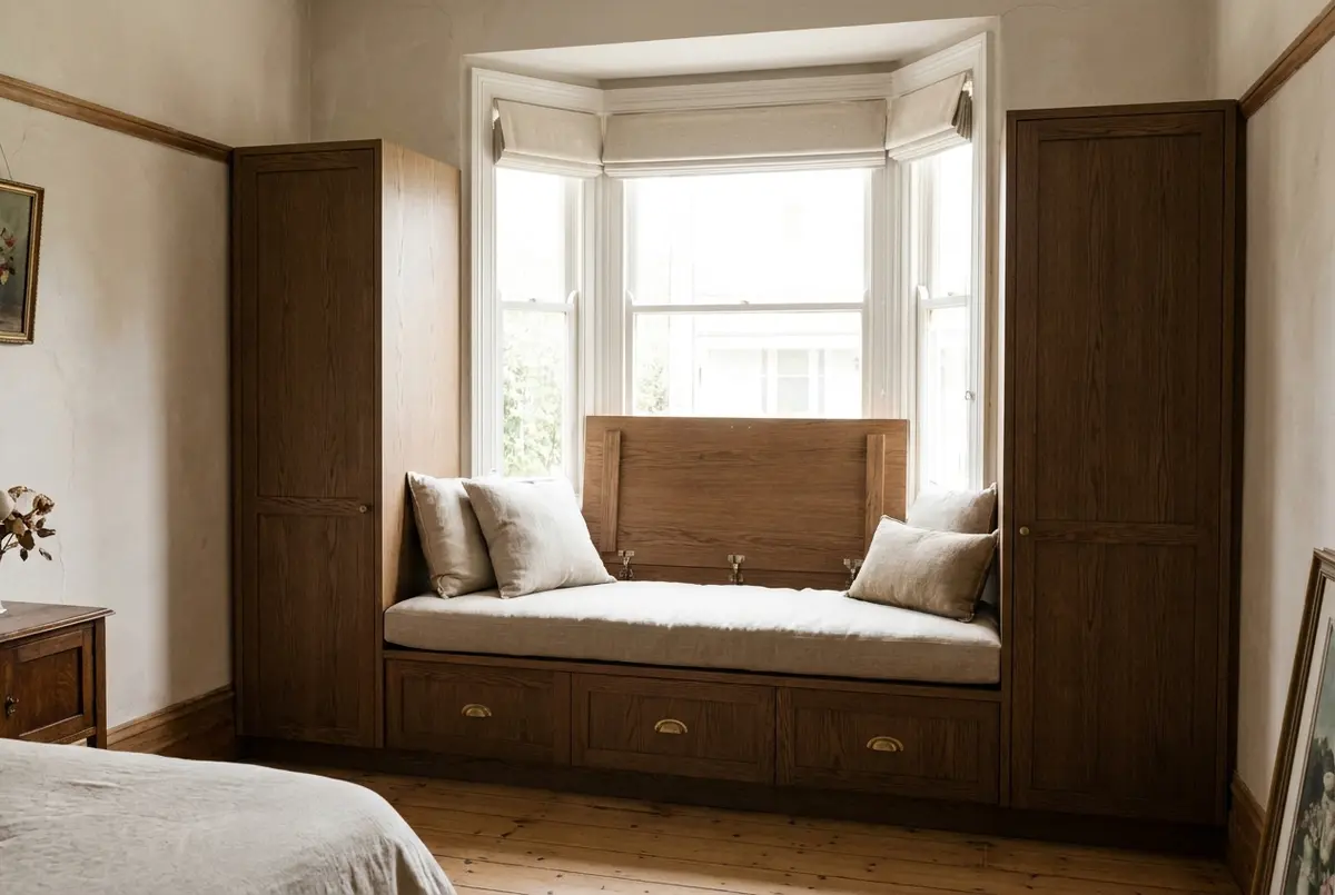 Custom fitted joinery with a timber window seat and full-height oak cupboards in an Adelaide home
